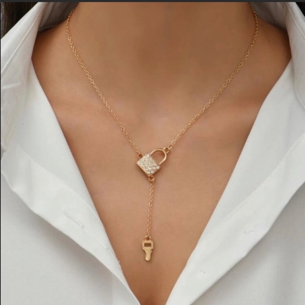 Gold & Crystal  Lock and Key Necklace
